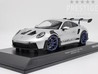 Minichamps 2023 Porsche 911 GT3 RS 992 Silver w Blue Wheels 1:18 Scale - New