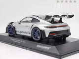 Minichamps 2023 Porsche 911 GT3 RS 992 Silver w Blue Wheels 1:18 Scale - New