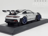 Minichamps 2023 Porsche 911 GT3 RS 992 Silver w Blue Wheels 1:18 Scale - New