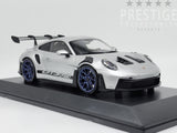 Minichamps 2023 Porsche 911 GT3 RS 992 Silver w Blue Wheels 1:18 Scale - New