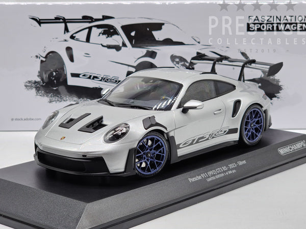 Minichamps 2023 Porsche 911 GT3 RS 992 Silver w Blue Wheels 1:18 Scale - New