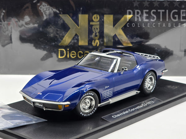 KK-Scale 1972 Chevrolet Corvette C3 w Side Pipes and Roof Metallic Blue 1:18 - New