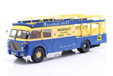 * PRE ORDER * 1957 Fiat 642 RN2 Bartoletti Maserati Race Car Transporter Blue / Yellow 1:18 - New